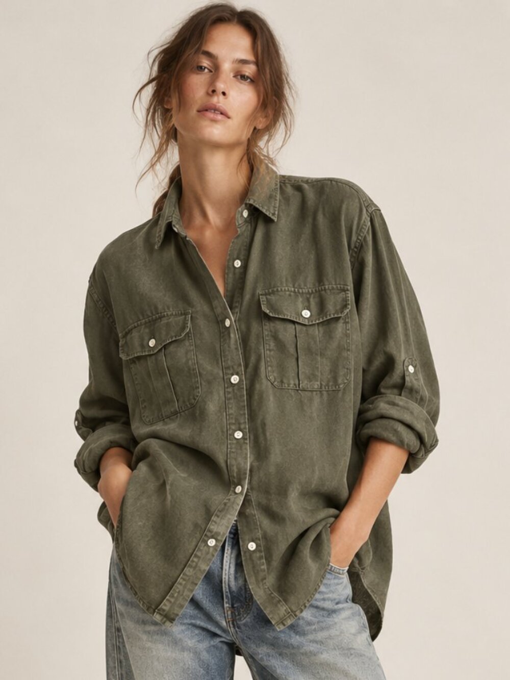 Lauren Ralph Lauren 100% Linen Olive Green Utility Button Up Shirt 2X Plus Size